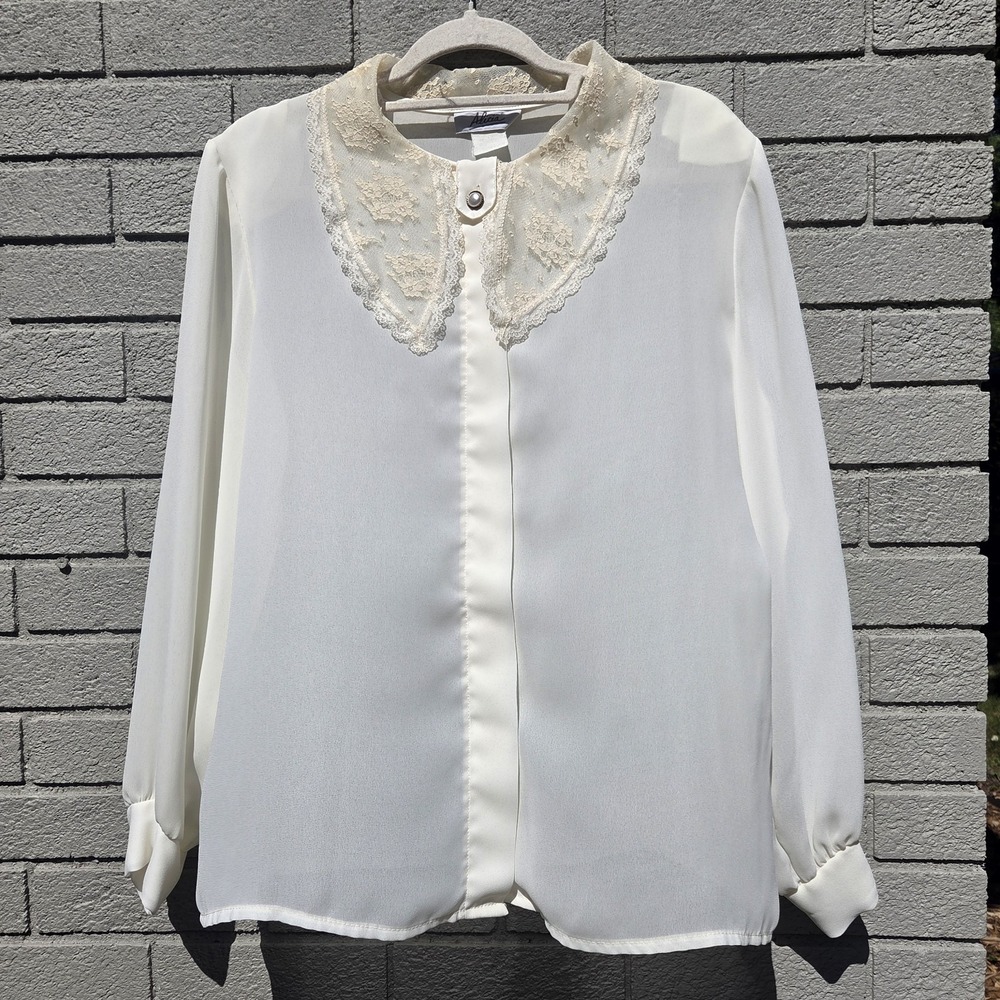 Vintage 80s Lace Collar Blouse White Pearl Button Long Sleeve Alicia Romantic Lg